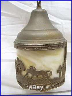 Vintage Slag Glass Chandelier Porch Lamp Light Hanging Ornate Lion House