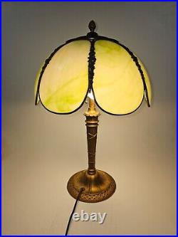 Vintage Slag Glass Green Petal Cast Iron Spelter Table Accent Lamp 2 Bulb 25