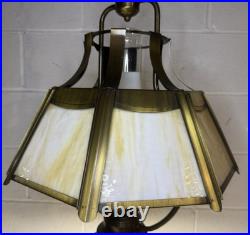 Vintage Slag Glass Hanging Oil Light Fixture Brass Tone Swag Hurricane Lamp