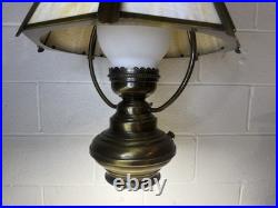 Vintage Slag Glass Hanging Oil Light Fixture Brass Tone Swag Hurricane Lamp