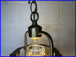 Vintage Slag Glass Hanging Oil Light Fixture Brass Tone Swag Hurricane Lamp