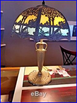Vintage Slag Glass Lamp- 6 Panel Cat Tails, Home on Lake Scene Miller Hubbard