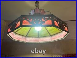 Vintage Slag Glass Light Fixture Lamp Pink & Green Panel Lamp with Griffin Design