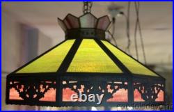 Vintage Slag Glass Light Fixture Lamp Pink & Green Panel Lamp with Griffin Design