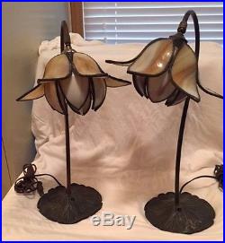 Vintage Slag Glass Lotus Lamps Pair