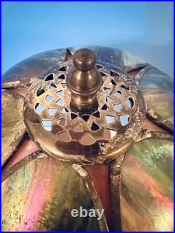 Vintage Slag Glass Peacock Marbled And Pink Lotus Tulip Boudoir Table Lamp 15