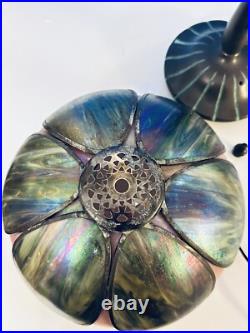 Vintage Slag Glass Peacock Marbled And Pink Lotus Tulip Boudoir Table Lamp 15