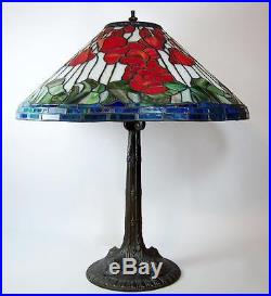 Vintage Slag Glass Table Lamp Leaded Floral Shade White Metal Base 24