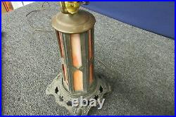 Vintage Slag Glass Table Lamp Lighted Base Orange 6 Leaded Panel PH