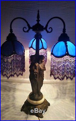 Vintage Slag Glass Table Lamp Tri Light Antique Brass Marble Three Muse Figural