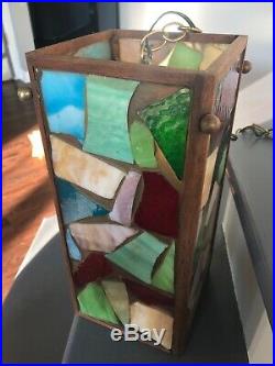 Vintage Slag Glass Teak Multi-color Hanging Ceiling Lamp