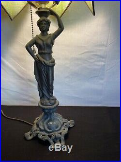 Vintage Slag Glass Tulip Shade Table Lamp With Figural Grecian Woman Metal Base