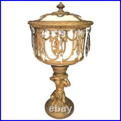 Vintage Slag Glass Urn Lamp Elegantly Decorated Gold Gilt Base Glass Prisms