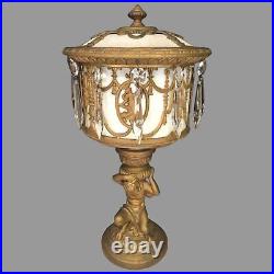 Vintage Slag Glass Urn Lamp Elegantly Decorated Gold Gilt Base Glass Prisms