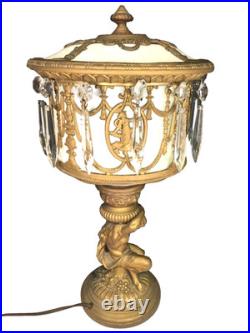 Vintage Slag Glass Urn Lamp Elegantly Decorated Gold Gilt Base Glass Prisms
