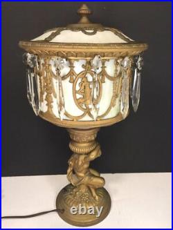 Vintage Slag Glass Urn Lamp Elegantly Decorated Gold Gilt Base Glass Prisms