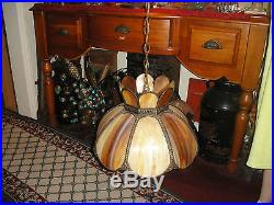 Vintage Slag Lamp Hanging Chandelier-Large Size-Glass Panels-Brown Color-LQQK