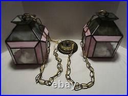 Vintage Slag Stain Glass 2-Swag hanging lamp fixture Pink & Gray optic 1950's