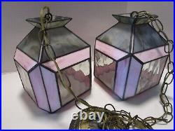 Vintage Slag Stain Glass 2-Swag hanging lamp fixture Pink & Gray optic 1950's
