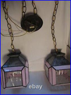 Vintage Slag Stain Glass 2-Swag hanging lamp fixture Pink & Gray optic 1950's