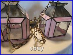 Vintage Slag Stain Glass 2-Swag hanging lamp fixture Pink & Gray optic 1950's
