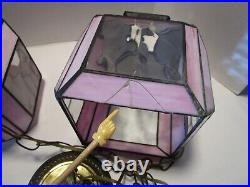 Vintage Slag Stain Glass 2-Swag hanging lamp fixture Pink & Gray optic 1950's