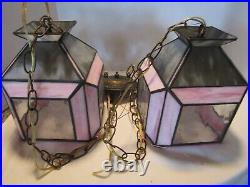 Vintage Slag Stain Glass 2-Swag hanging lamp pendant Pink & Gray optic 1950's