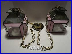 Vintage Slag Stain Glass 2-Swag hanging lamp pendant Pink & Gray optic 1950's