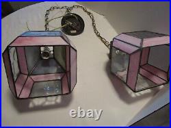 Vintage Slag Stain Glass 2-Swag hanging lamp pendant Pink & Gray optic 1950's