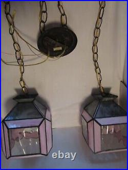 Vintage Slag Stain Glass 2-Swag hanging lamp pendant Pink & Gray optic 1950's