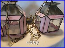 Vintage Slag Stain Glass 2-Swag hanging lamp pendant Pink & Gray optic 1950's