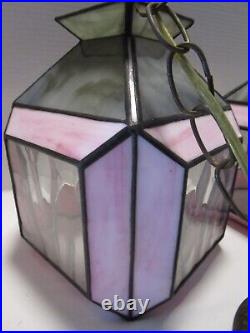 Vintage Slag Stain Glass 2-Swag hanging lamp pendant Pink & Gray optic 1950's