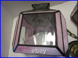 Vintage Slag Stain Glass 2-Swag hanging lamp pendant Pink & Gray optic 1950's