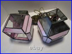 Vintage Slag Stain Glass 2-Swag hanging lamp pendant Pink & Gray optic 1950's