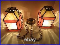 Vintage Slag Stain Glass 2-Swag hanging lamp pendant Pink & Gray optic 1950's