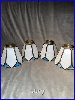 Vintage Slag Stained Glass Lamp Light Shades White Blue Bells 2 Fitter Set Of 4