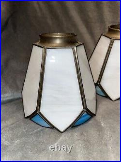 Vintage Slag Stained Glass Lamp Light Shades White Blue Bells 2 Fitter Set Of 4