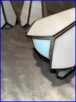Vintage Slag Stained Glass Lamp Light Shades White Blue Bells 2 Fitter Set Of 4