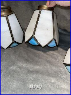 Vintage Slag Stained Glass Lamp Light Shades White Blue Bells 2 Fitter Set Of 4
