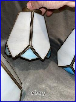Vintage Slag Stained Glass Lamp Light Shades White Blue Bells 2 Fitter Set Of 4