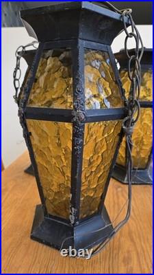 Vintage Spanish Med Gothic Metal & Amber Slag Glass Pendant Lights 5 Available