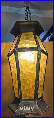 Vintage Spanish Med Gothic Metal & Amber Slag Glass Pendant Lights 5 Available