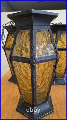 Vintage Spanish Med Gothic Metal & Amber Slag Glass Pendant Lights 5 Available