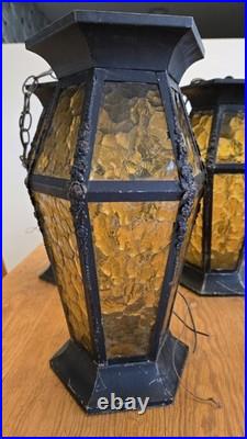 Vintage Spanish Med Gothic Metal & Amber Slag Glass Pendant Lights 5 Available