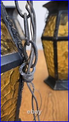 Vintage Spanish Med Gothic Metal & Amber Slag Glass Pendant Lights 5 Available
