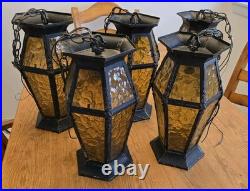 Vintage Spanish Med Gothic Metal & Amber Slag Glass Pendant Lights 5 Available Vintage Spanish Med Gothic Metal & Amber Slag Glass Pendant Lights 5 Available