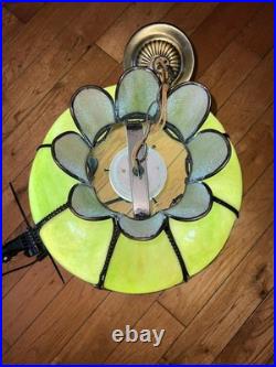 Vintage Stained Glass Green Slag Hanging Light Fixture Tulip Design