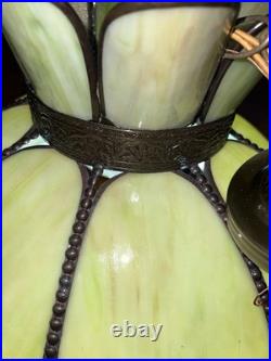 Vintage Stained Glass Green Slag Hanging Light Fixture Tulip Design