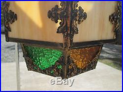 Vintage Stained Glass Hanging Swag Light Lamp Fixture Bronze Brass Gypsy Slag