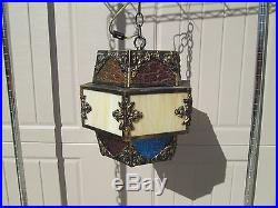 Vintage Stained Glass Hanging Swag Light Lamp Fixture Bronze Brass Gypsy Slag
